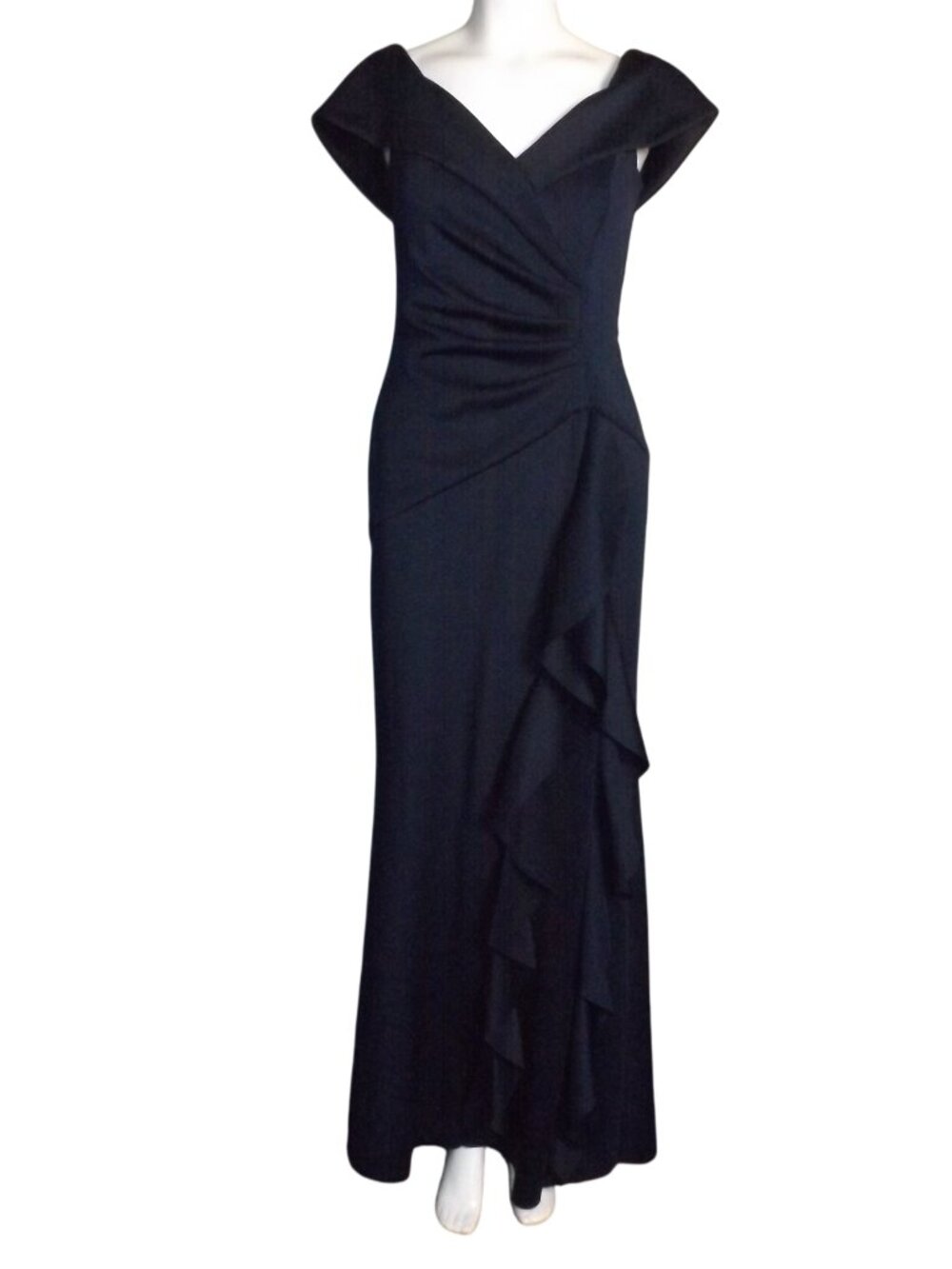 XSCAPE Gown/Dress, 8, Navy Blue,  Ruffle, V-neck, Gathered, Cap Sleeve, Zipper - Picture 10 of 13